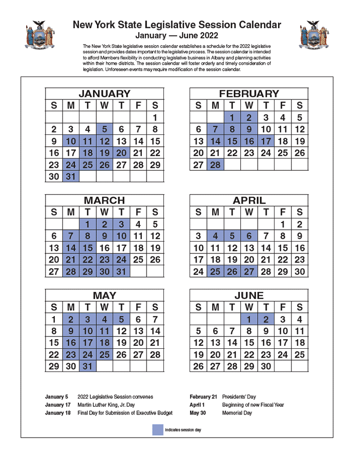 NY Legislature 2022 Session Calendar